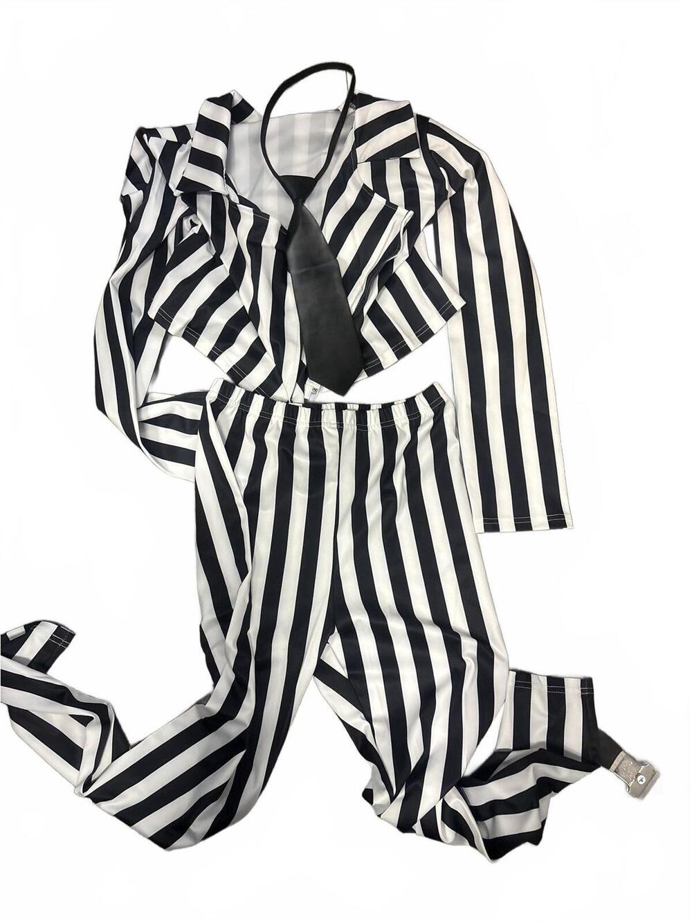 NWT Beetlejuice Black & White Striped Crop Top Pants & Tie Set Size M